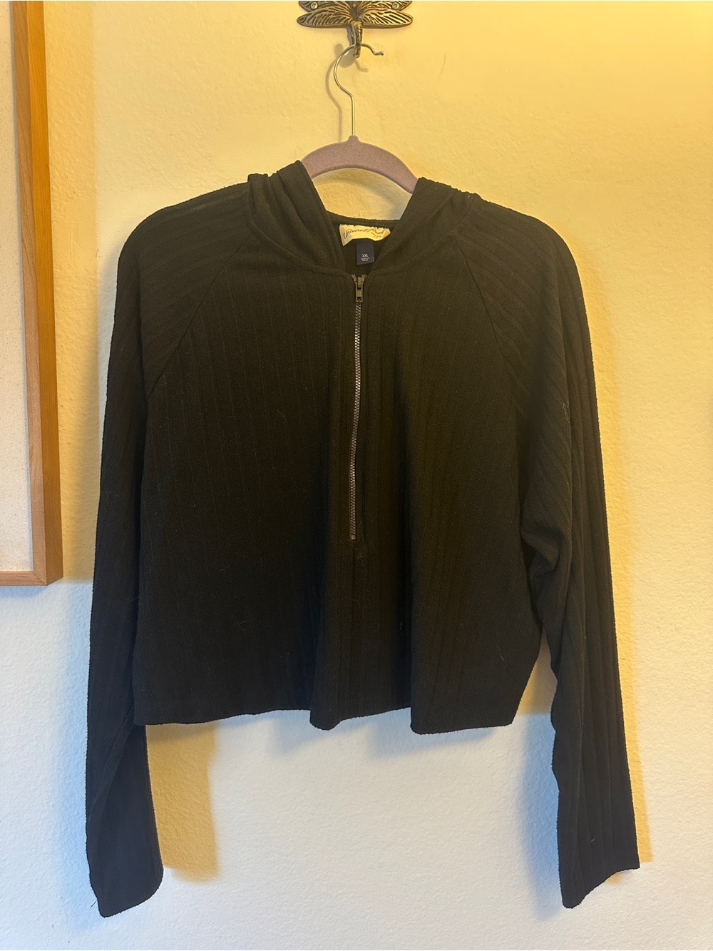Universal Thread Black Ribbed Cropped Hoodie with Half-Zip
